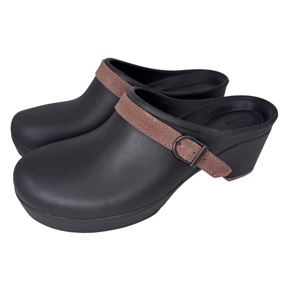 Crocs Sarah Clog Mules Heels Slip On Dual Comfort Chunky Heels Chocolate Brown 9